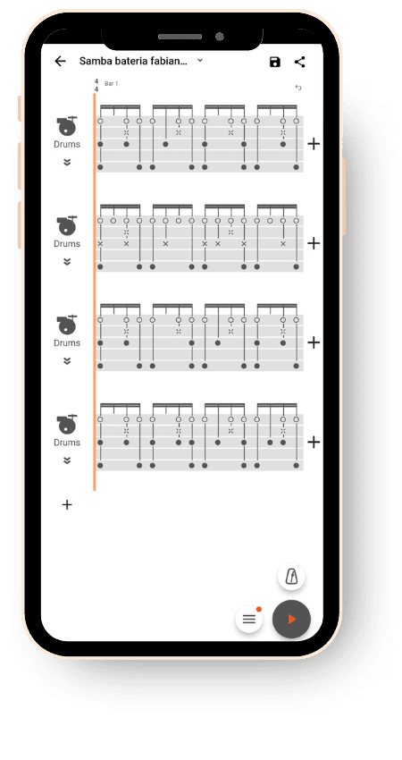 phone showing drum scores for a Samba song