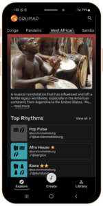 Phone showing Drumap music app with a West African an djembe drums playlist